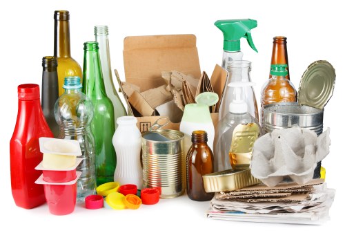 A collection of various discarded packaging and household waste items arranged on a flat surface. The collection includes glass bottles in shades of green, brown, and clear, some with metallic caps and labels, a red plastic bottle, and a clear plastic spray bottle with a green nozzle. There are also metal cans, some flattened, and a crumpled piece of paper or tissue situated among the waste. In addition, there are several cardboard cartons, some flattened, as well as small plastic containers in red, yellow, and pink. The background shows a blank, plain surface, possibly a white or light-colored wall, with the waste items grouped together in a mixed arrangement. This image visually represents general rubbish suitable for a waste removal service such as those offered by Garden Clearance Temple in the [POSTCODE] or nearby areas of [TOWN], highlighting the type of waste involved in domestic or commercial clearance tasks.